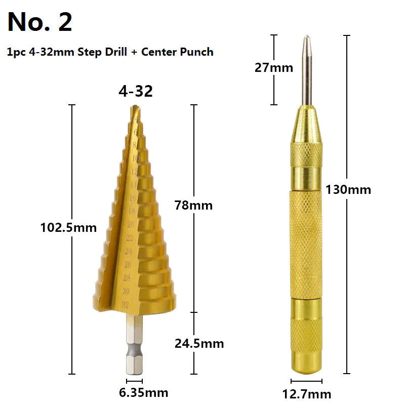 High-speed steel step drill bits and centre punch set for metalworking with colour-coded organisation