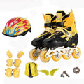 Colourful adjustable children's roller skates with aluminium frame, PU foam wheels, and full set of protective gear.