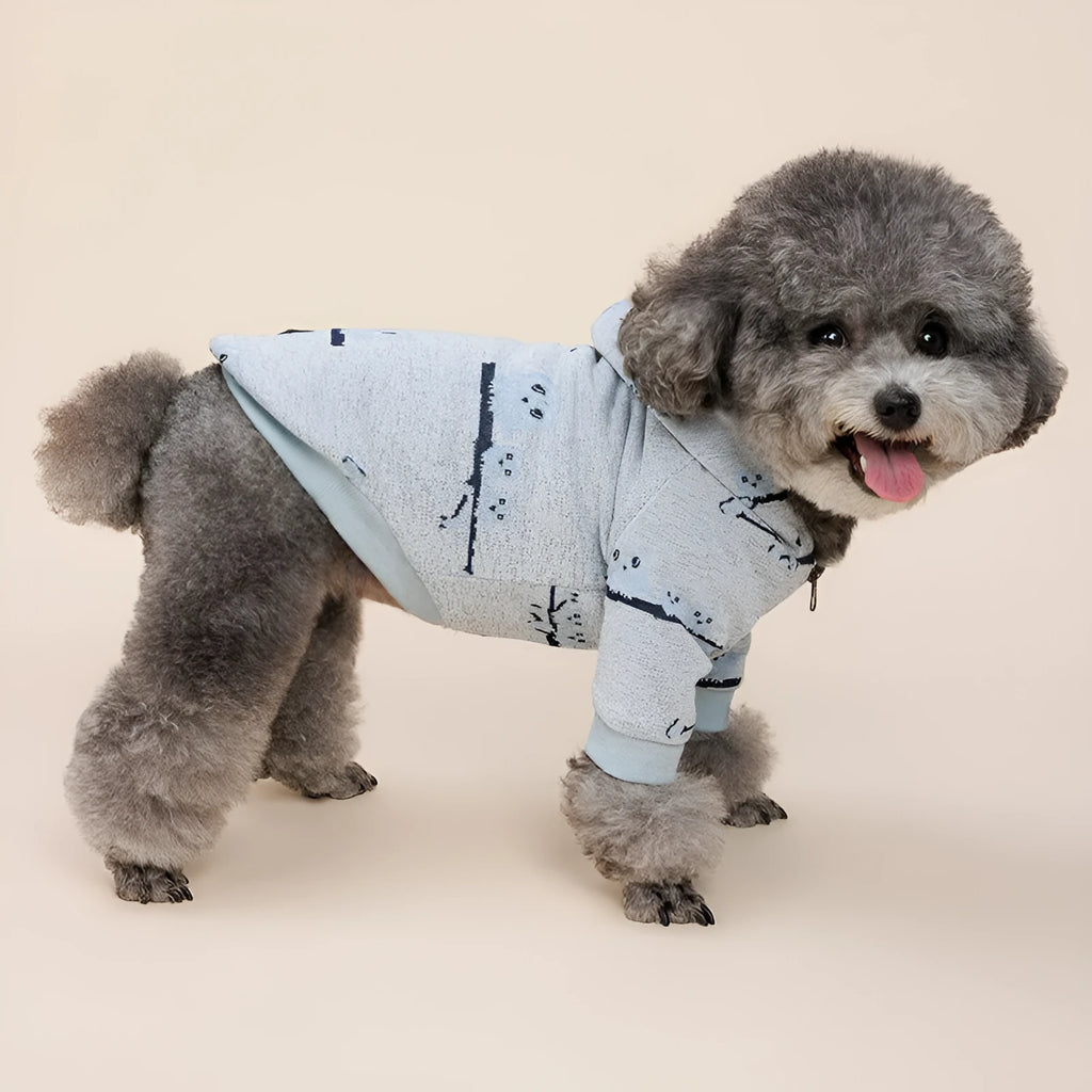 Blue cotton dog sweater with front zipper closure and pattern design