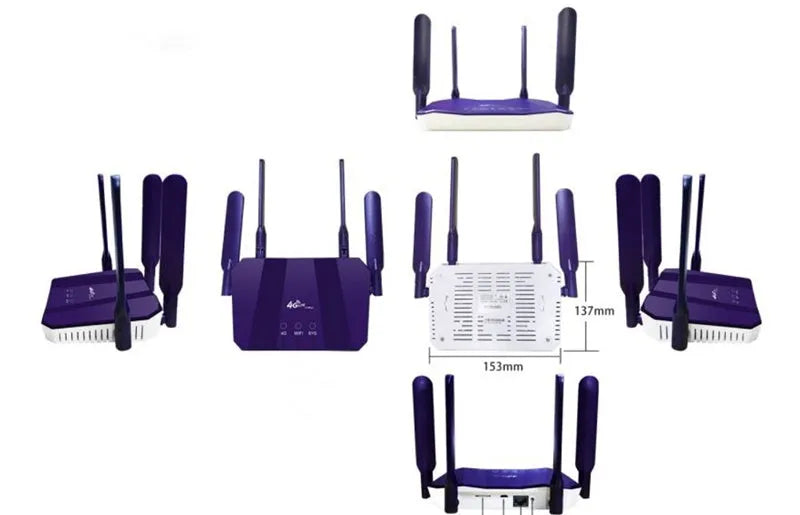 Blue 4G dual-mode wireless router with four extended external antennas.