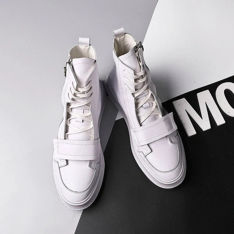 Black and white PU leather men's ankle boots with microfiber upper and high-top sneaker design for winter wear