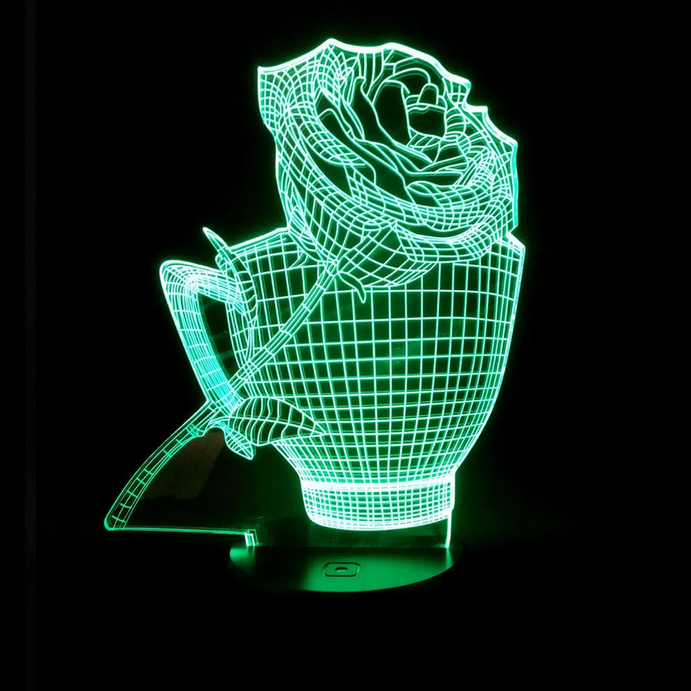 3D rose flower decorative night light with remote control on a bedside table.