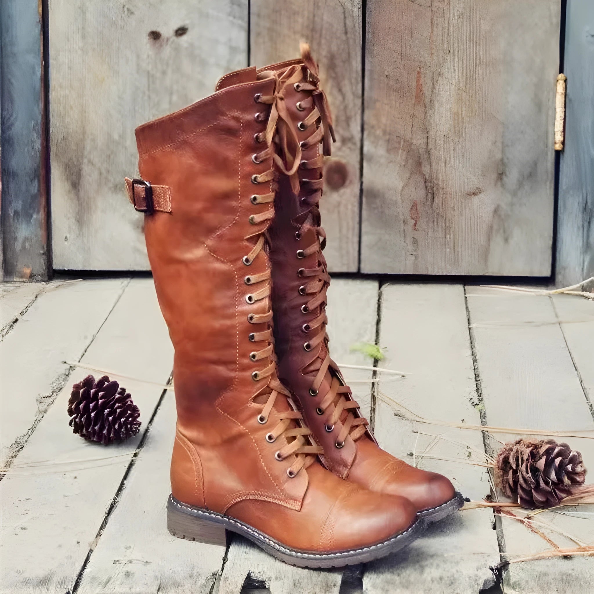 Women's black high leg boots with a round toe and low chunky heel on a plain background