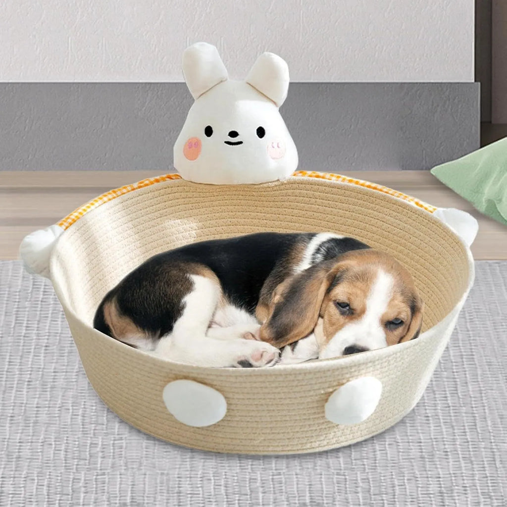 Woven cotton rope cat bed basket with integrated scratching pad for indoor cats, shown in Bear and Rabbit styles.