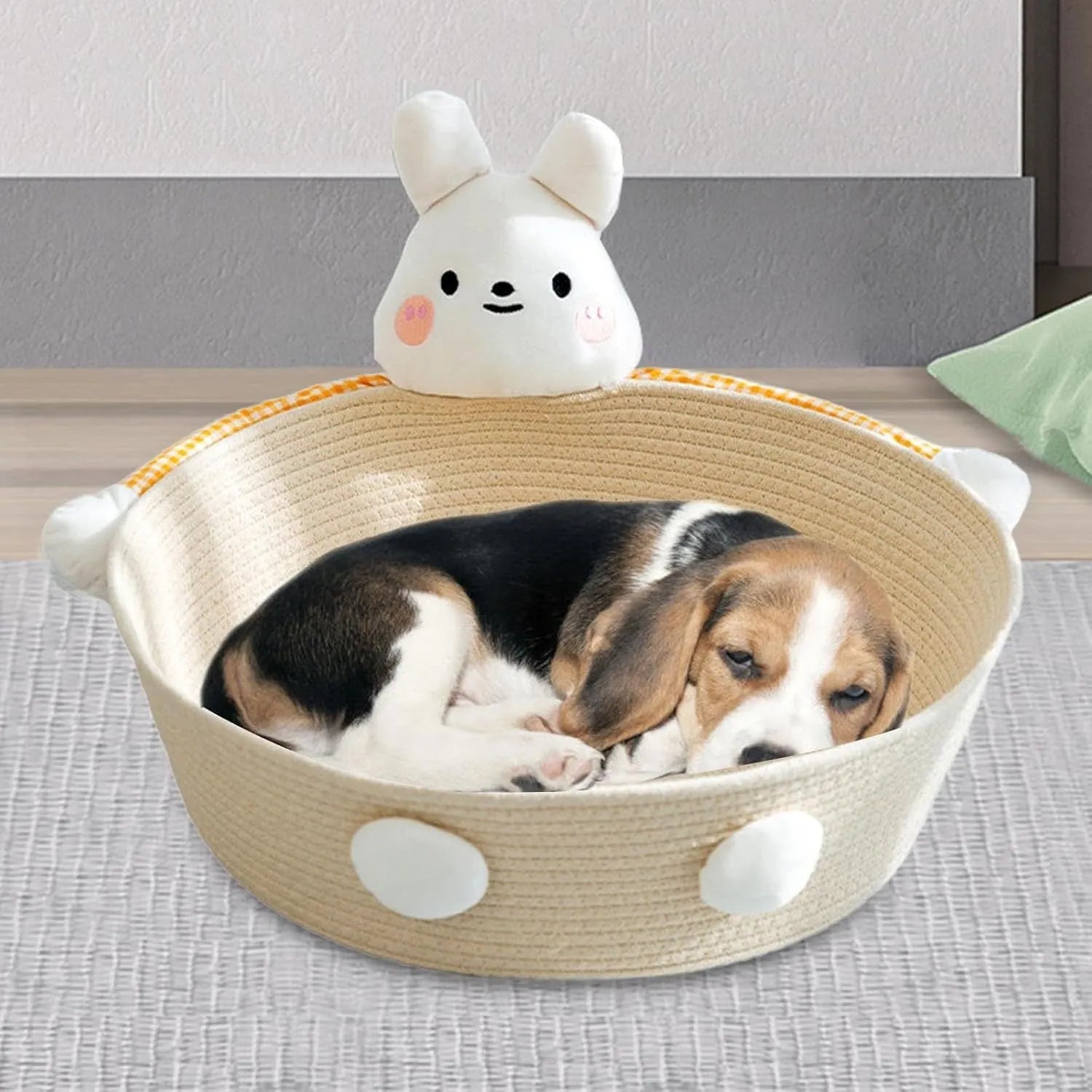 Woven cotton rope cat bed basket with integrated scratching pad for indoor cats, shown in Bear and Rabbit styles.