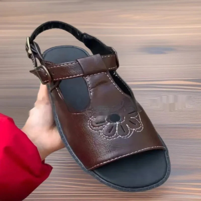 Men's black and brown embroidered floral beach sandals with flat PU sole