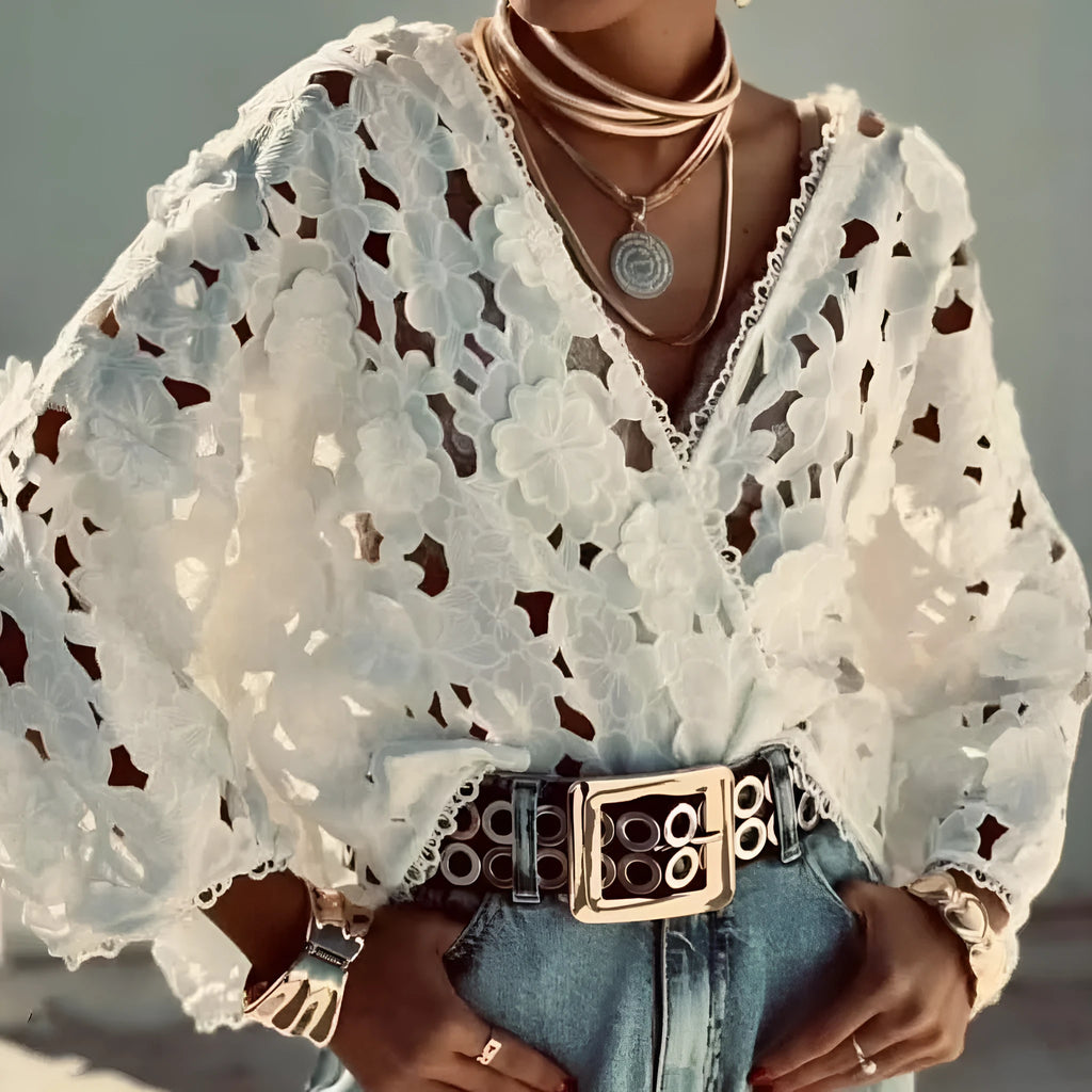 Women's black lace V-neck blouse with three-dimensional white floral decoration and long sleeves