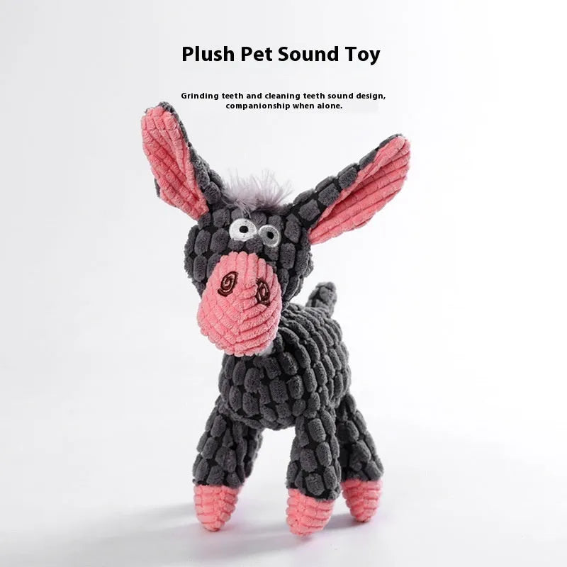 Selection of plush pet toys including donkey, rechargeable duck, elephant and dog styles