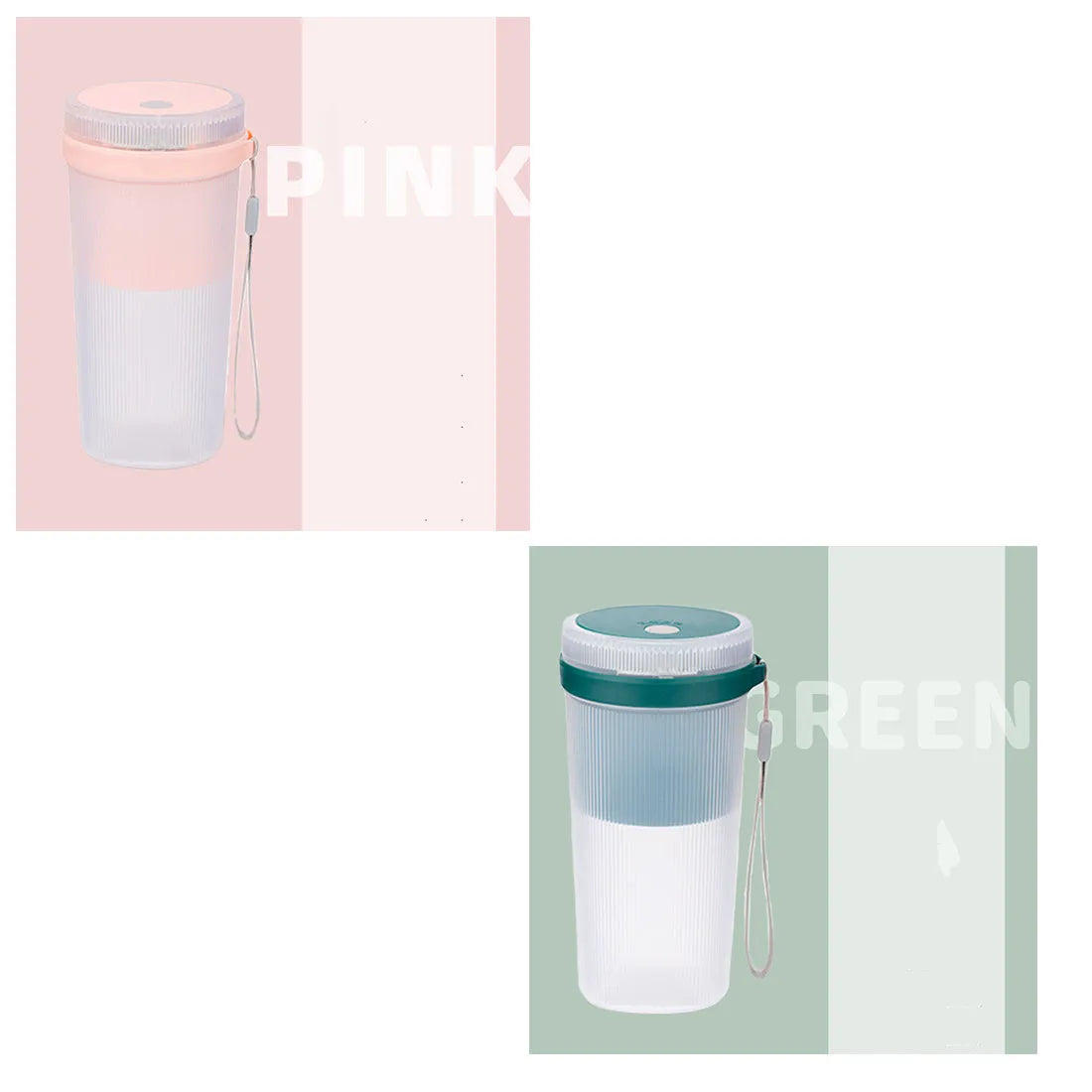Portable electric blender cup in blue, green, or pink with USB charging cable.