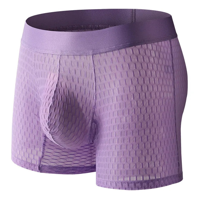 Men's lace mesh boxer shorts in light purple colour, showing low waist waistband and geometric knit pattern.