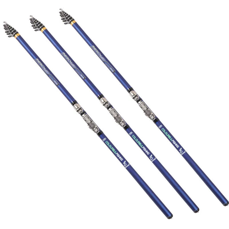 Blue carbon telescopic rock fishing rod extended showing full length against a neutral background