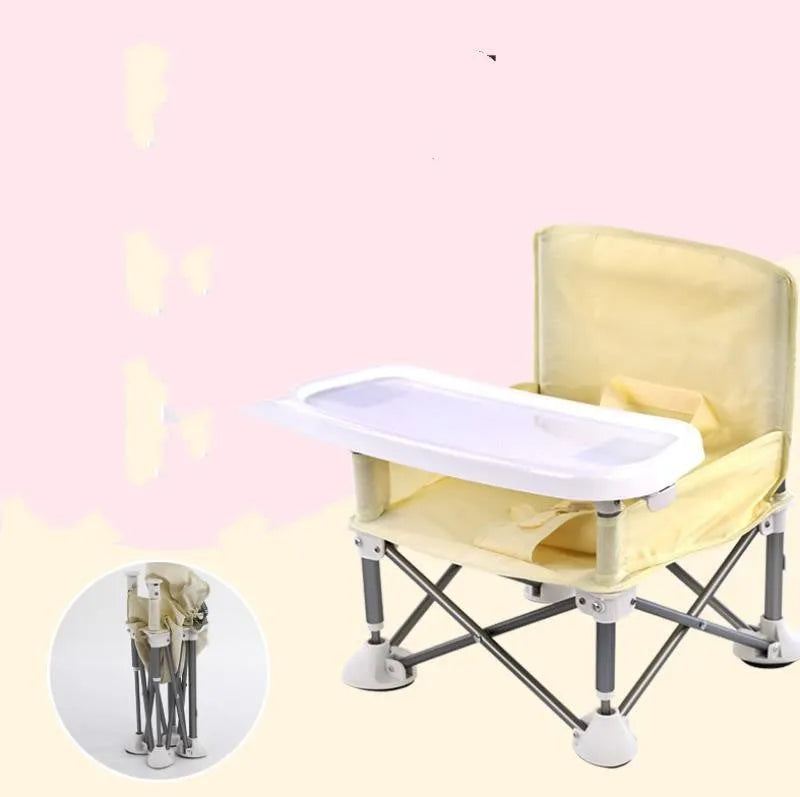 Foldable baby dining chair with metal frame, removable tray, and safety belt in grey