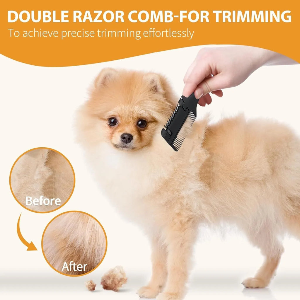 Razor comb for dogs and cats with attached blade and packet of ten spare replacement blades.