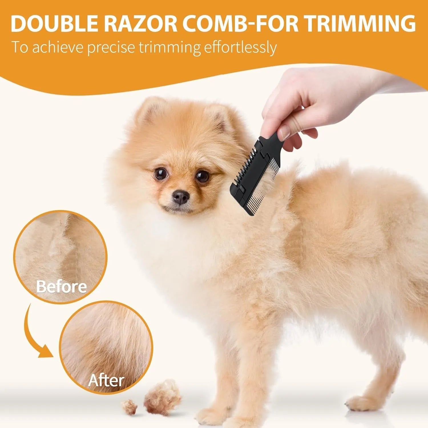 Razor comb for dogs and cats with attached blade and packet of ten spare replacement blades.