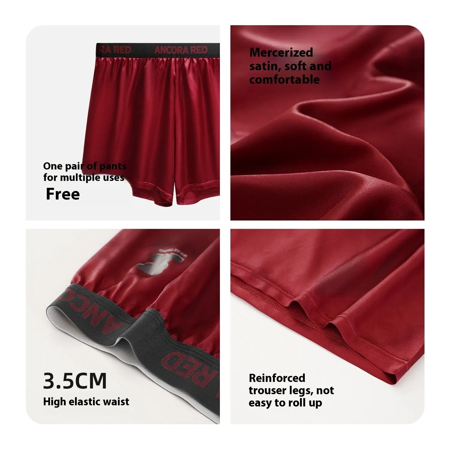 Men's solid colour boxer briefs in black, blue, brown, purple, red, and silver with elastic mid waist