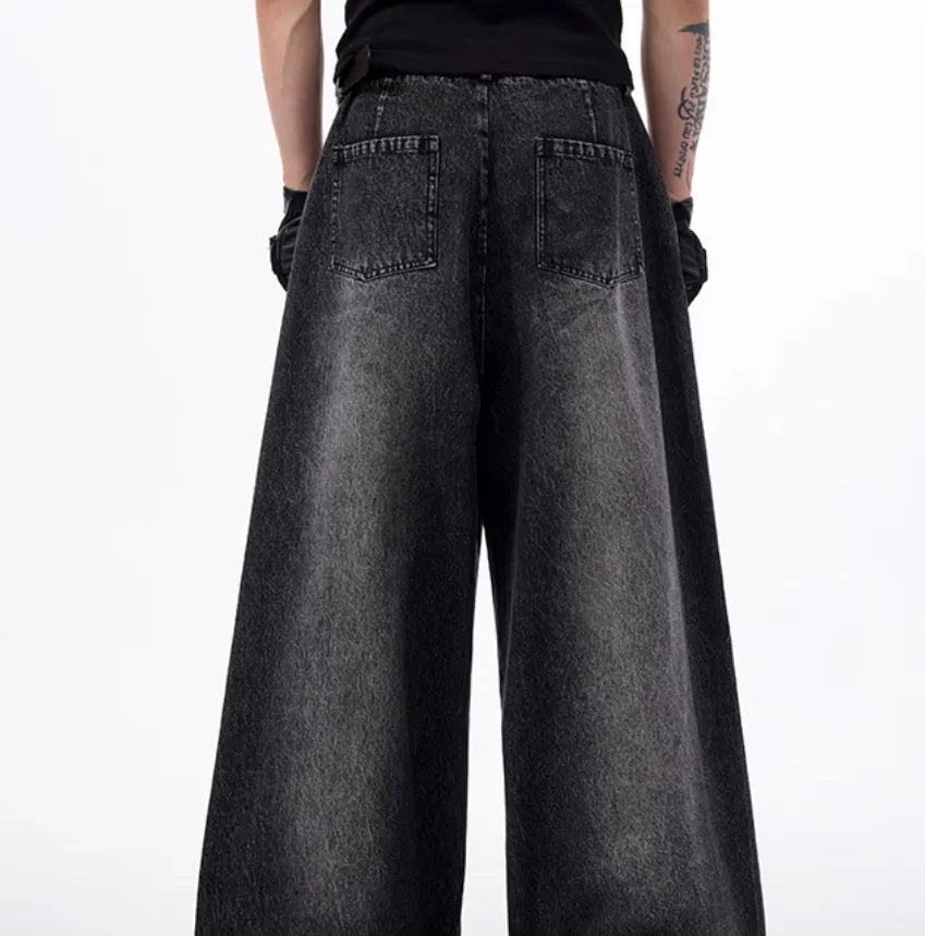 Wide leg cotton denim pants with structure zipper and worn finish in black and grey Korean style