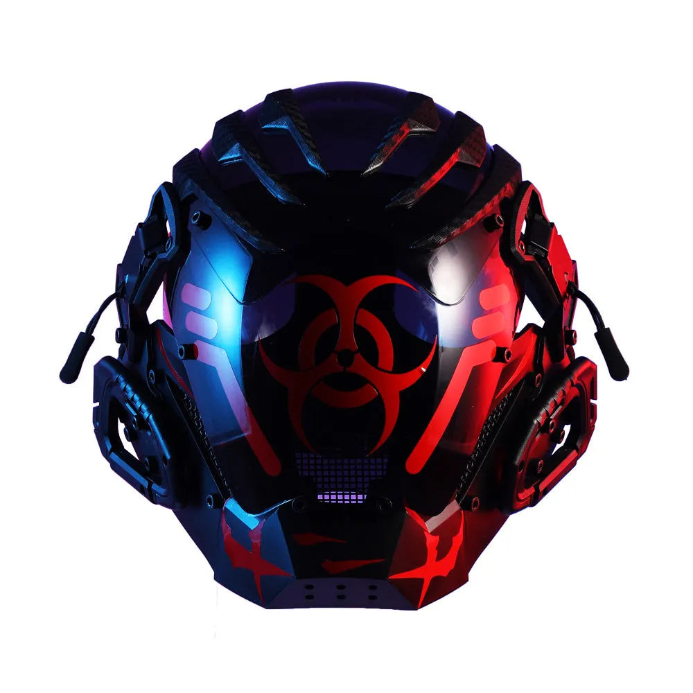 Black full face cyborg helmet mask with bioweapon styling for costumes