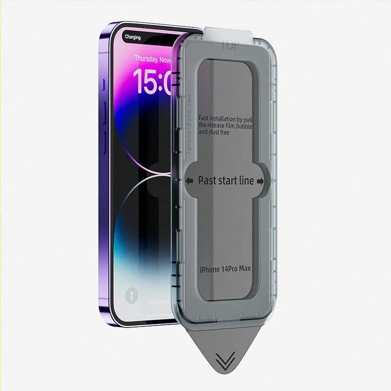 Tempered glass screen protector with privacy speed sticker box for iPhone showing alignment tray and three finish options