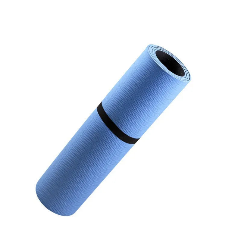 Blue conductive yoga mat with botanical plant pattern, grounding wire, and non-slip surface measuring 182x61cm