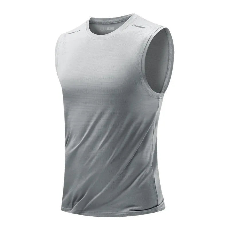 Men's loose grey sleeveless waistcoat vest made from non-iron bamboo blend fabric on a hanger.