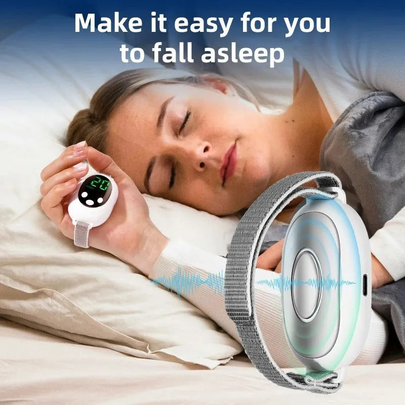 White electronic sleep aid device with handheld remote control showing 20 intensity settings and USB charging port