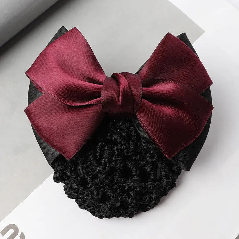 Professional hair clip headdress with flower bow net pocket in multiple colour variations