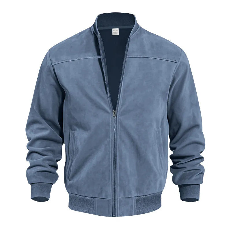 Men's plus size suede casual zip-up jacket in army green on a hanger.