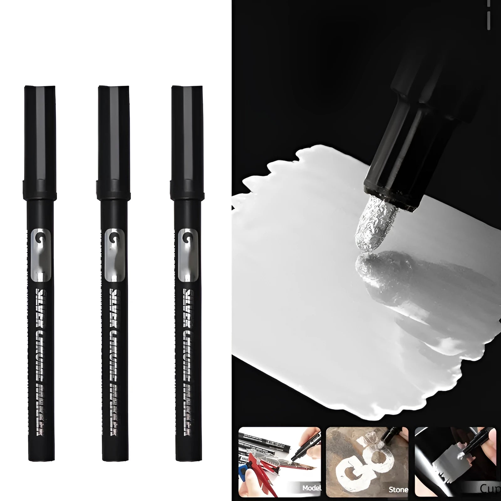 Waterproof mirror marker pen with plastic shell, shown with 1mm and 2mm tip size options.