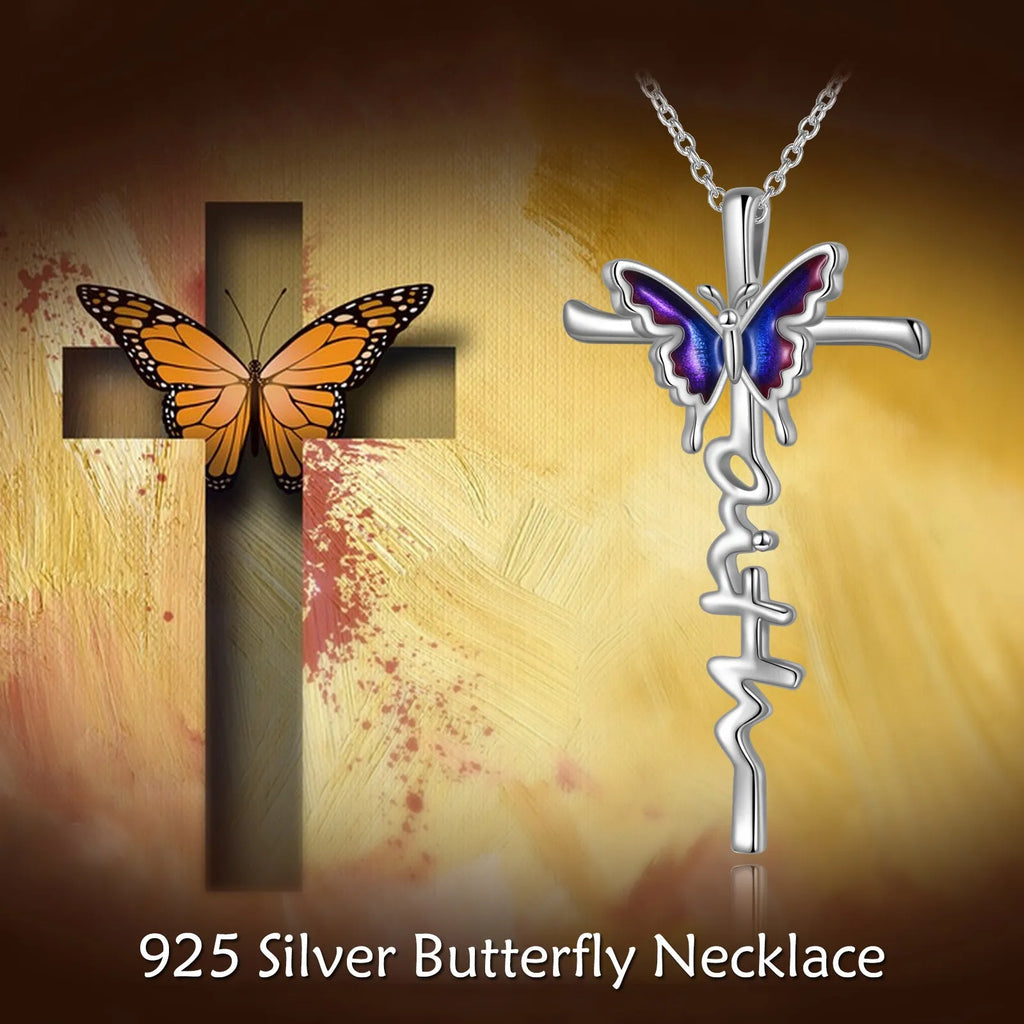 Sterling silver butterfly cross pendant necklace on white gold plated cable chain