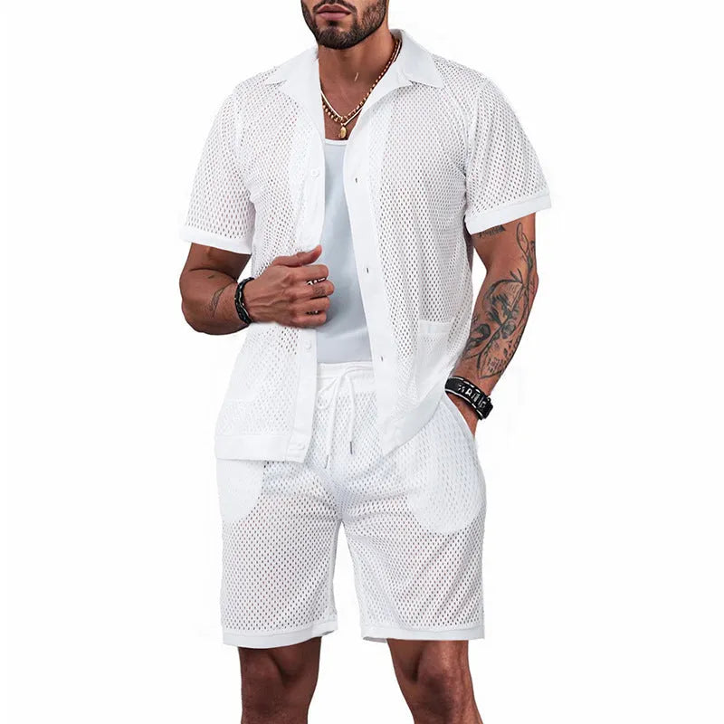 Women's two-piece beach cover-up shorts suit with short sleeves in lake blue colour