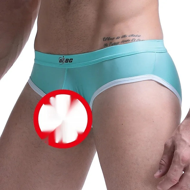 Men's thin ice silk bazooka briefs in multiple colours on a mid waist model.