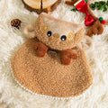 Brown cartoon elk pattern cat cloak modelled on a cat, showing the warm polyester construction.