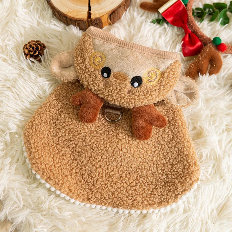 Brown cartoon elk pattern cat cloak modelled on a cat, showing the warm polyester construction.