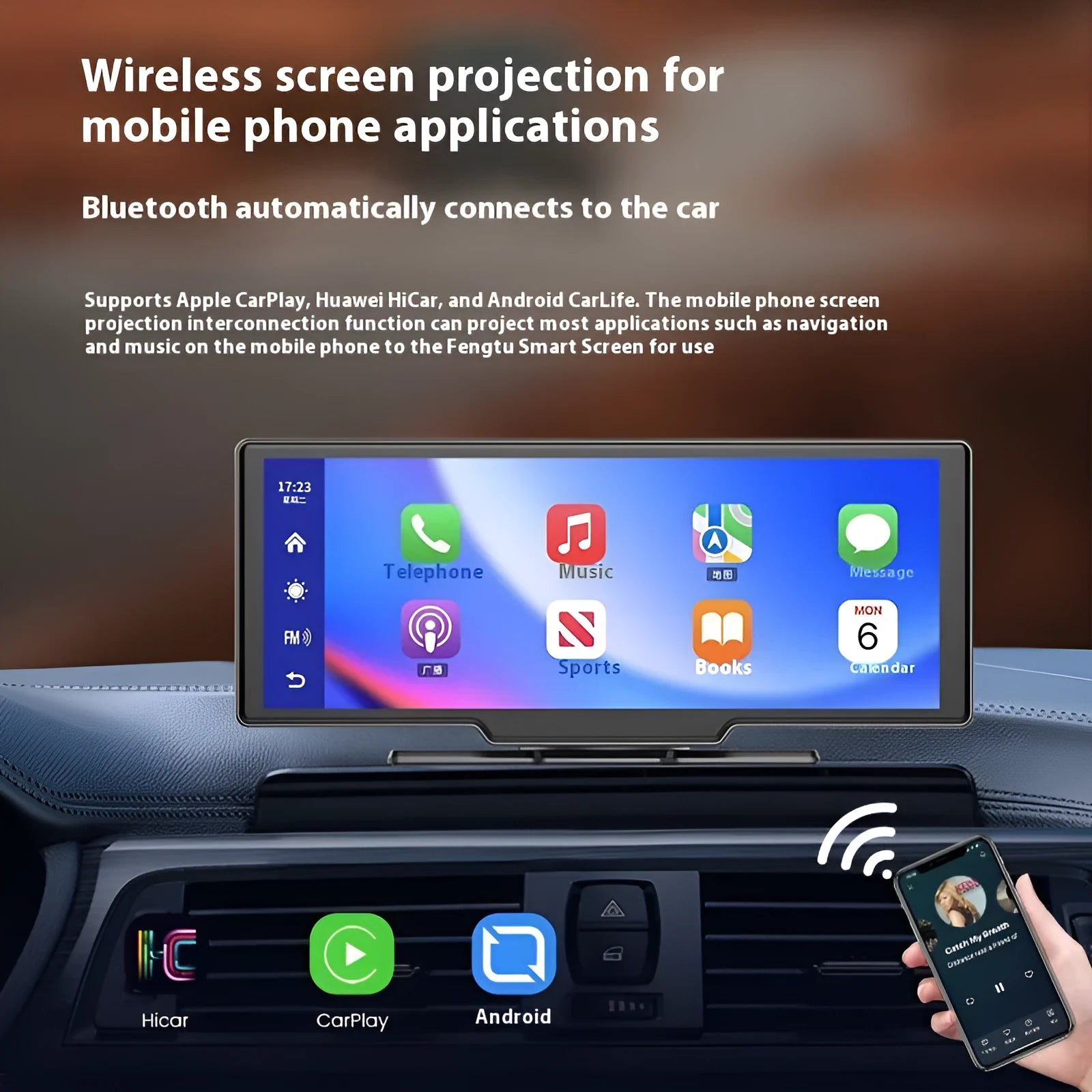 10 inch car smart touchscreen display with CarPlay, driving recorder, and reversing camera functions