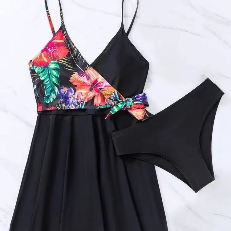 Black women's high waist briefs printed split bikini for swimming and sports activities
