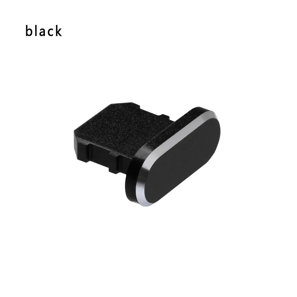 Aluminium alloy dust plug for iPhone charging port in various colours including gold, silver, blue, and rose gold.