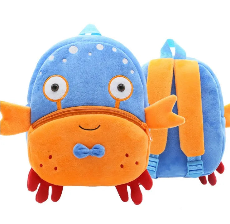 Plush animal backpack for children with zipper closure measuring 26x24x10cm
