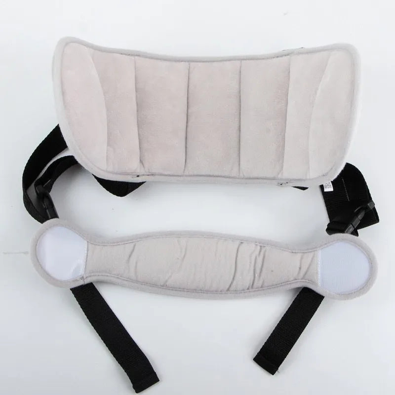 Child car seat head support in blue with hook and loop neck strap and rear waistband