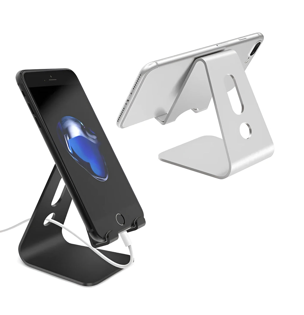 Aluminium alloy universal phone and tablet holder stand in silver, shown holding a smartphone at an angle.