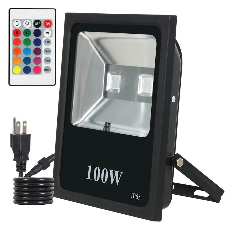 Black aluminium LED flood light with RGB colour changing capability for outdoor advertising and building lighting