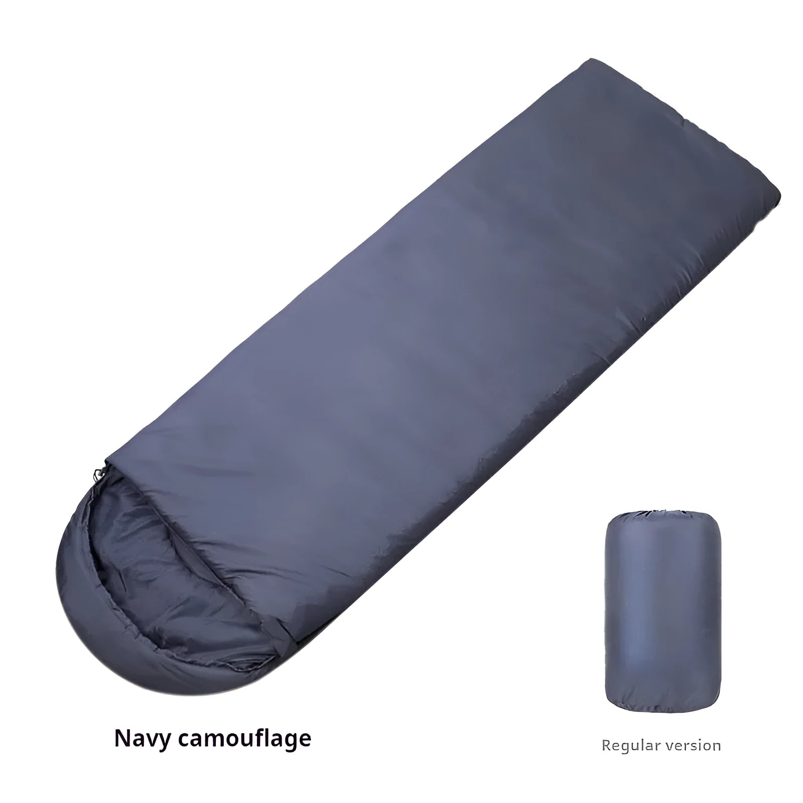 Navy blue envelope sleeping bag for adult camping with polyester shell and hollow cotton filler.
