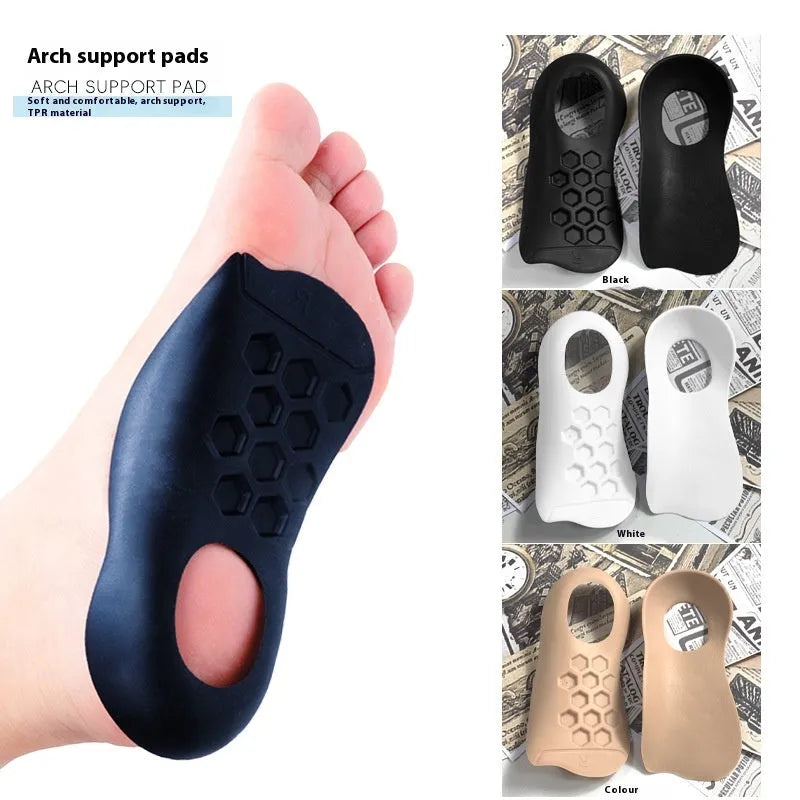 Varus correction arch support insoles in TPR material showing white, black and skin colour options