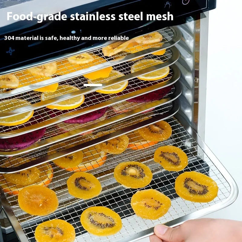 Stainless steel fruit dehydrator with visual skylight window showing food drying inside