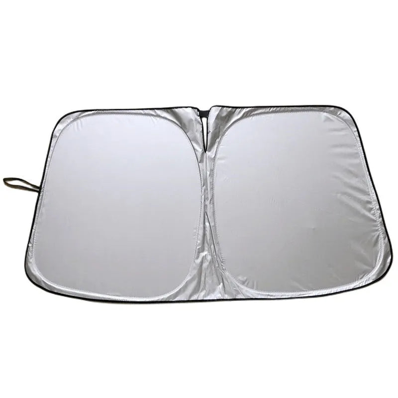Titanium silver aluminium foil car sunshade laid flat, showing its reflective solid colour surface.