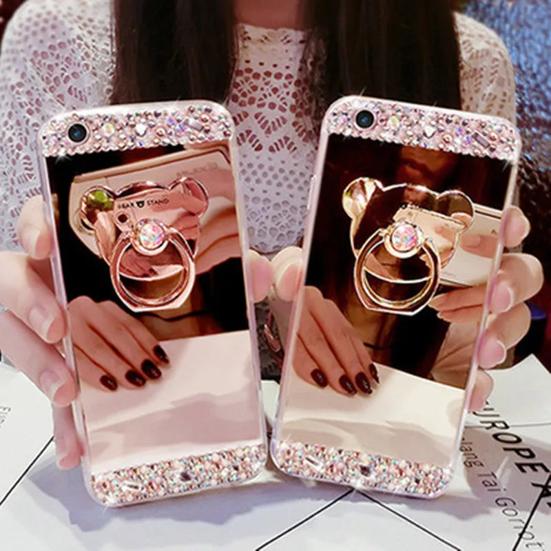 Silicone drill mirror phone case with handmade rhinestones on rose gold finish for iPhone