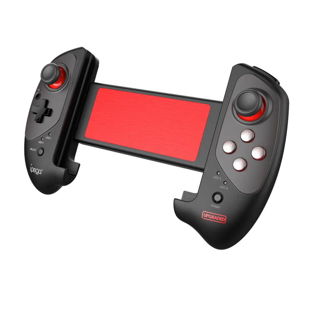 Red telescopic Bluetooth gamepad controller for Android, iOS, and PC on a table.