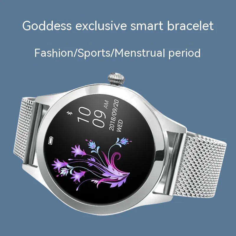 Women's sports smartwatch in black, rose gold, silver, or white with heart rate monitoring display