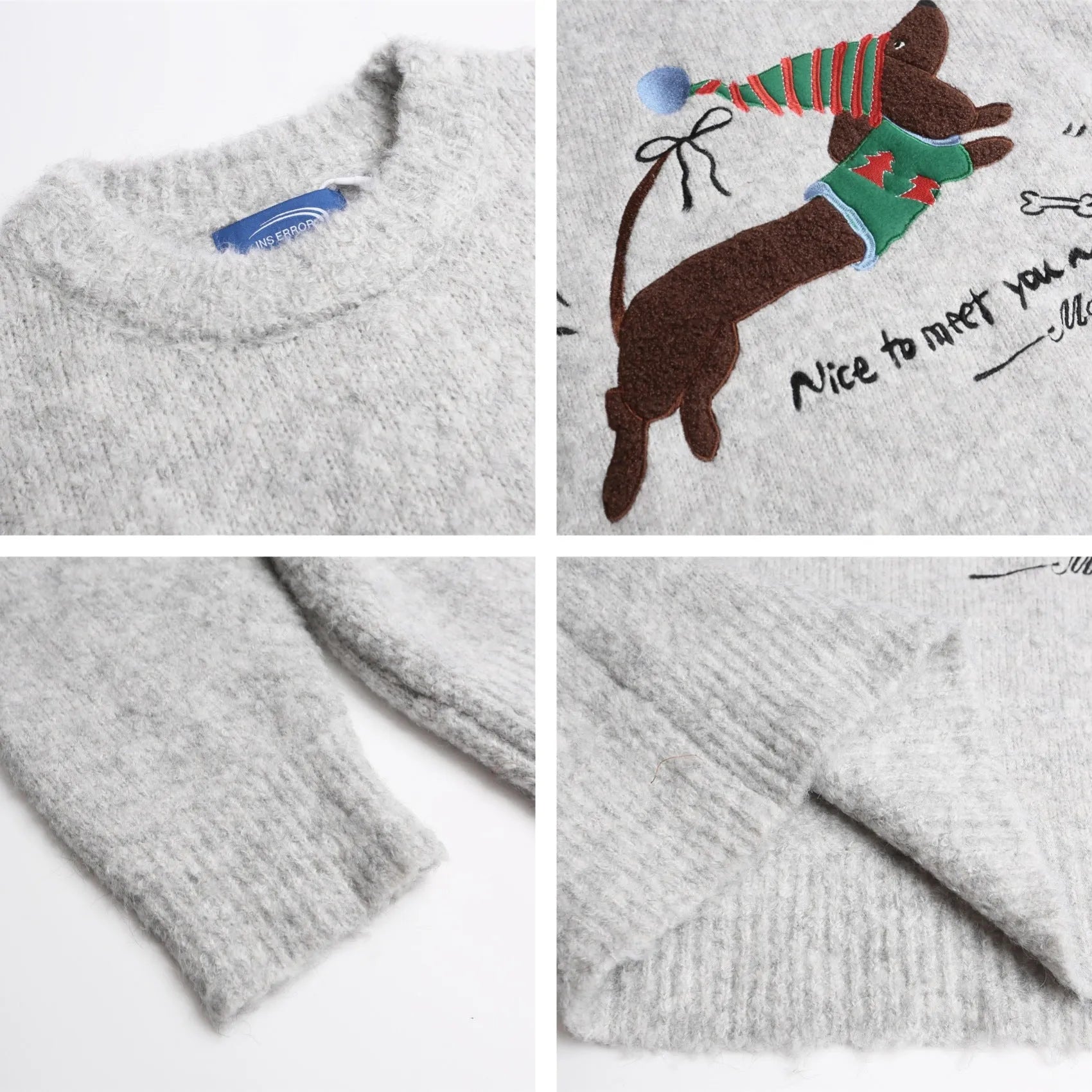 American retro Christmas hat puppy embroidery casual round neck sweater in Gray for teenagers