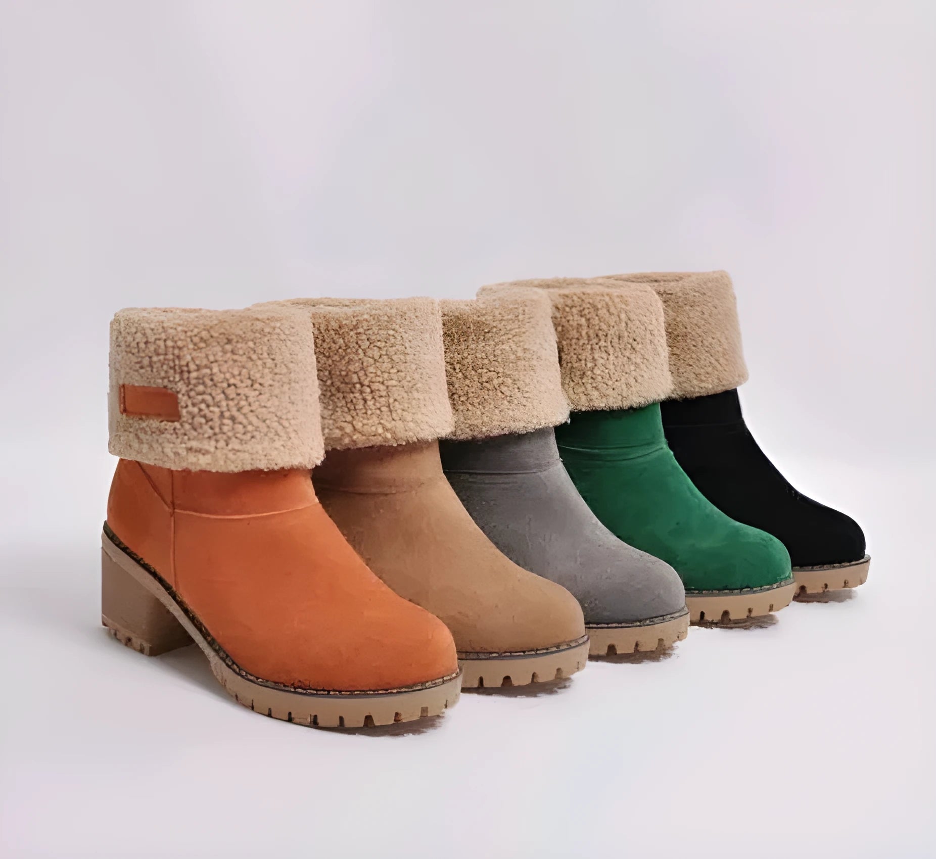Women's suede mid-tube snow boots in black with a thick low heel and beef tendon sole.
