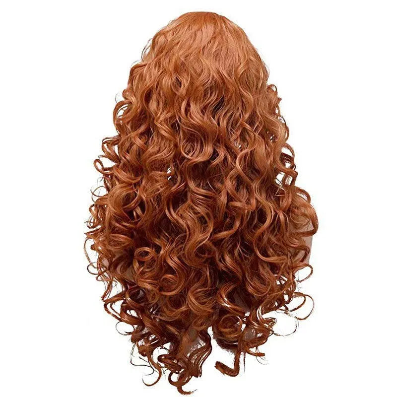 Long wavy curly brown synthetic wig with fluffy instant noodles style for cosplay.